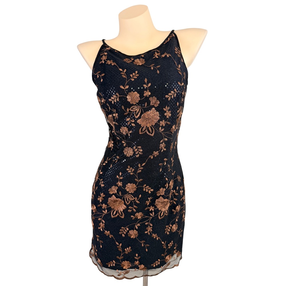 Jessica McClintock Black Bronze Floral Sequin Mesh Mini Cocktail Dress Sz 8